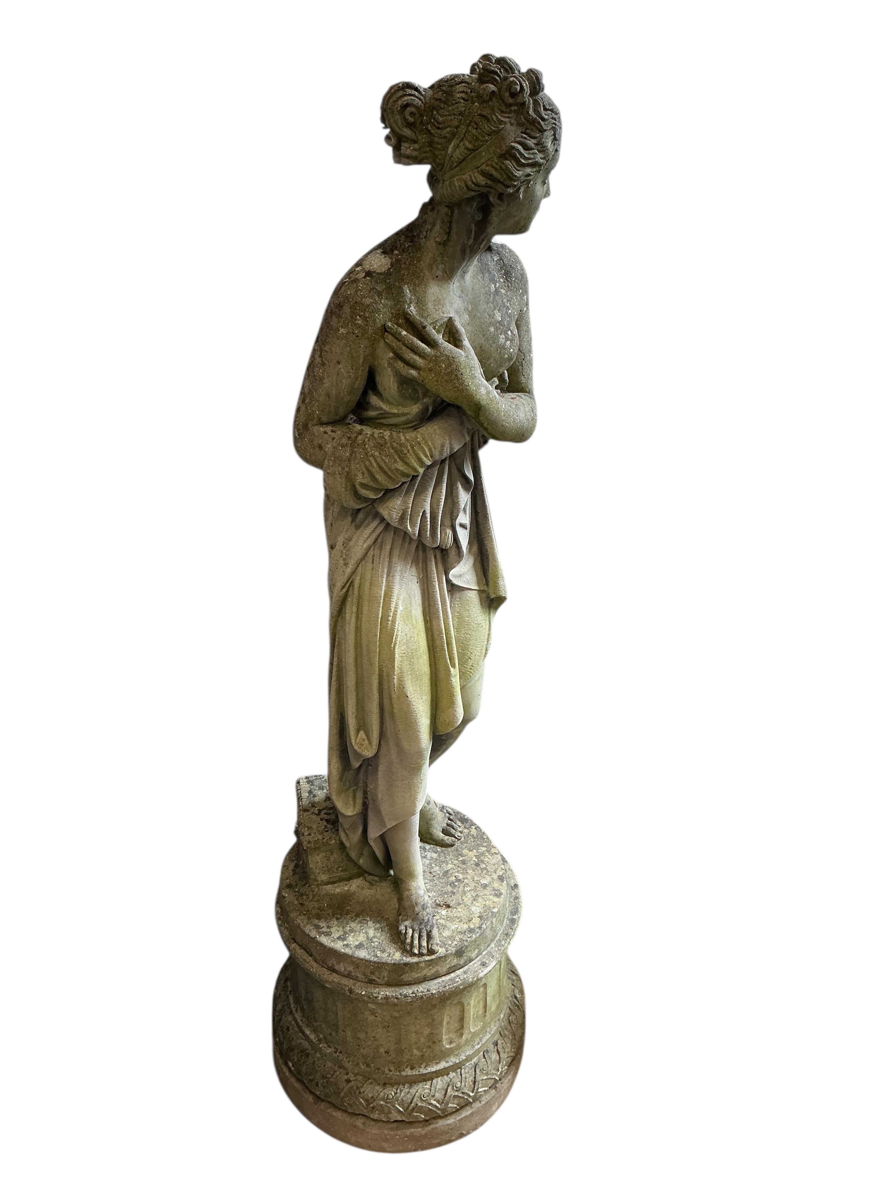A garden figure of Pandora on plinth, height 150cm